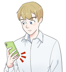 小指でスマホを支えながら持つ金髪の男性