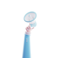 3d minimal Hand gesture holding loudspeaker. Loudspeaker advertising promotion. hand holding megaphone, 3d rendering illustration.