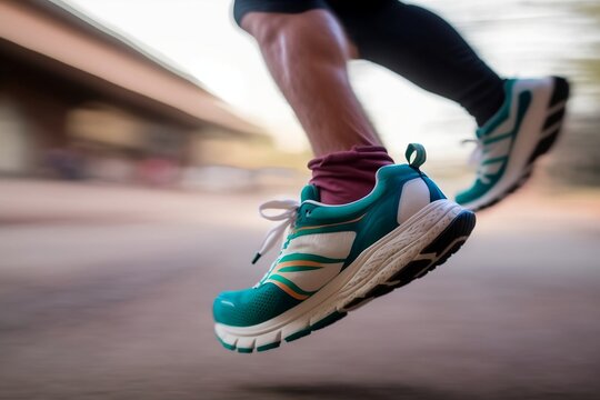 Running shoes motion close up. Runner marathon. Generative AI