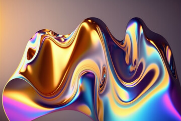 Abstract holographic fluid curved wave, colourful background. Generative AI