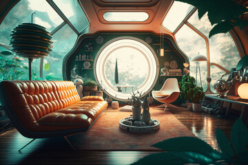 Fototapeta na wymiar Video conference futuristic living room, zoom background, Generative AI