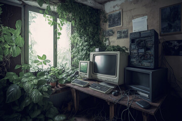 Video conference overgrown computer room, zoom background, Generative AI