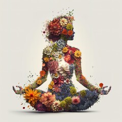 International Yoga Day - women made with flowers sitting in yoga pose, generative ai