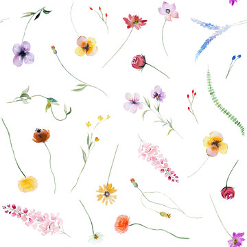 Seamless pattern made of watercolor wild flowers and leaves, summer wedding and greeting illustration