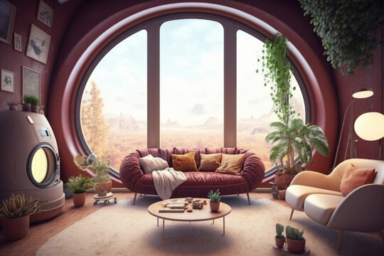 Video Conference Futuristic Living Room, Zoom Background, Generative AI