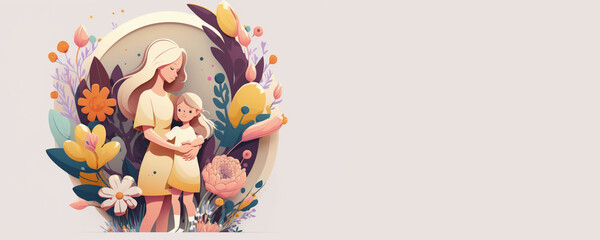 Obraz na płótnie Canvas Illustration of mother with her little child, Banner concept of Mothers day. Generative AI