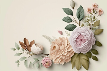 Beautiful Spring Flowers on a light pastel background with copy space, Generative AI