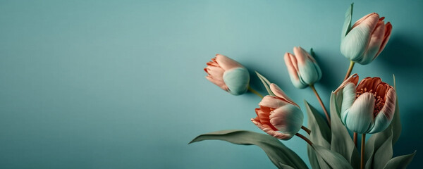 Spring tulip flowers on Turquoise background, top view banner. Generative Ai