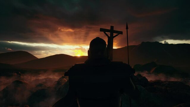 Jesus Christ is crucified on a wooden cross on Golgotha ​​under the protection of a Roman legionnaire against the backdrop of an epic sky with thunderclouds through which the rays of the setting sun b