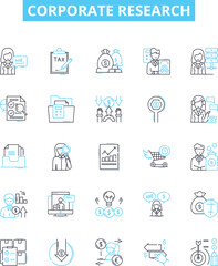 Obraz na płótnie Canvas Corporate research vector line icons set. Corporate, research, analysis, business, market, strategy, data illustration outline concept symbols and signs