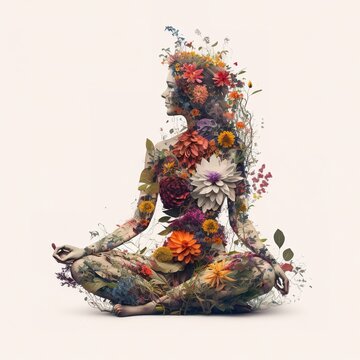 International Yoga Day - women made with flowers sitting in yoga pose, generative ai