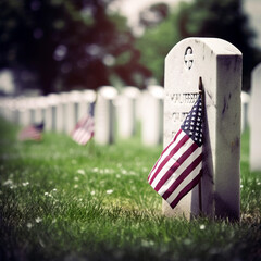 American flag on a military cemetery grave. Concept of honor and patriotism for Memorial Day. Generative AI