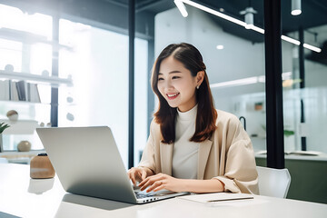 Office Working Girl, Pretty and Cute Asian Smile is sitting in front of Laptop Computer in Office Environment Background created with generative AI.
