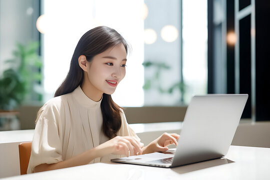 Office Working Girl, Pretty and Cute Asian Smile is sitting in front of Laptop Computer in Office Environment Background created with generative AI.