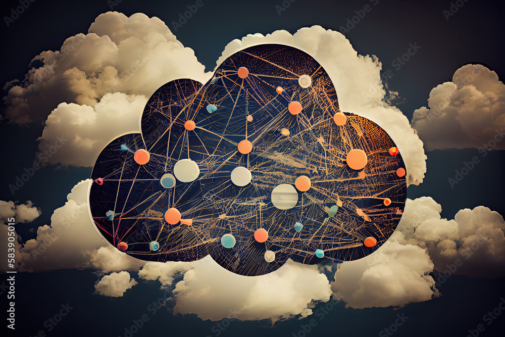 Poster cloud computing concept, server hardware storage with virtual connections, data flow and symbolic cl