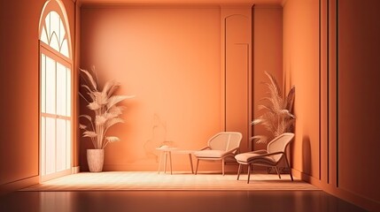 Coral or terracotta living room interior with chairs, great art gallery location. Colorful house interior mockup : AI Generated