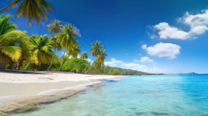 Fototapeta na wymiar Caribbean palm beach with white sand and turquoise water. Based on Generative AI