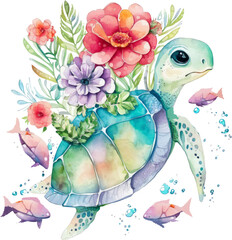 turtle on the sea and flowers watercolor