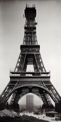 black and white images of the Eiffel tower under construction, generative ai
