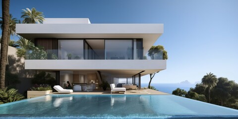 Fototapeta premium Luxury stone classic updated villa with swimming pool and garden, generative ai