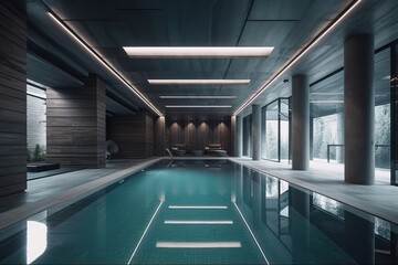 Indoor swimming pool in a luxury spa and wellness interior, generative  ai