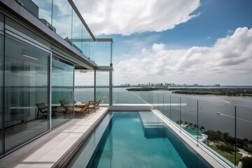 Fototapeta na wymiar Magnificent penthouse terrace with a swimming pool overlooking Miami, generative AI