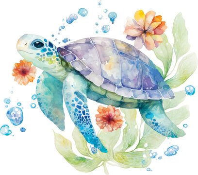 turtle on the sea and flowers watercolor