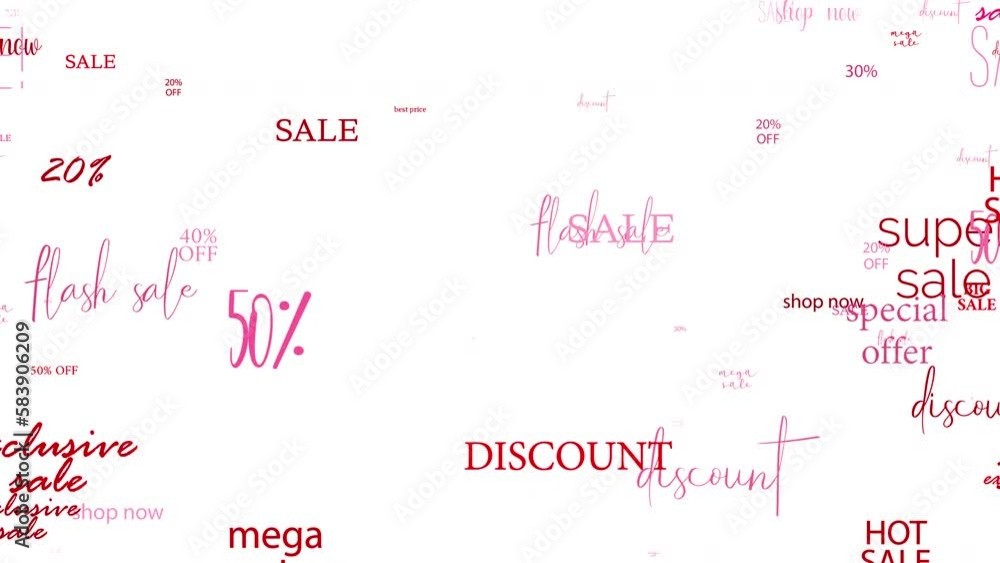 Poster animation loop of sale discount text word related red pink word flowing from left to right side. ele