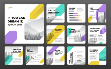 Social media post templates set with cityscape vector illustration on background. Square Instagram posts layouts for personal blog.