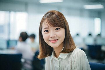 Office Working Girl, Pretty and Cute Asian Smile is Standing in front of Camera and Office Environment Background created with generative AI.