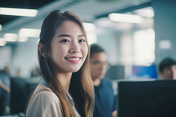 Office Working Girl, Pretty and Cute Asian Smile is Standing in front of Camera and Office Environment Background created with generative AI.