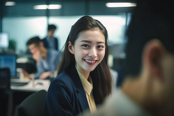 Office Working Girl, Pretty and Cute Asian Smile is Standing in front of Camera and Office Environment Background created with generative AI.