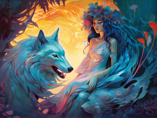 mystical woman and wolf duo, otherworldly connection, detailed artistry, vivid color palette, generative AI
