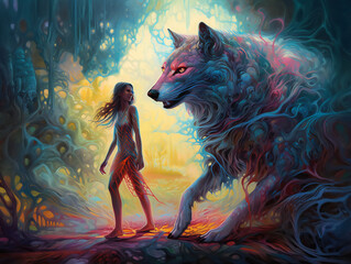 Obraz premium elegant woman with majestic wolf, enchanting illustration, dreamy atmosphere, vibrant hues, generative AI 