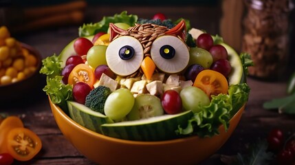 Obraz na płótnie Canvas Bowl of owl-looking salad. Cute bird shaped meal generative ai