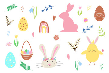 Happy Easter, Easter decor set in pastel colors. Rabbits, chicken, Easter eggs, flowers, rainbow and basket. vector.