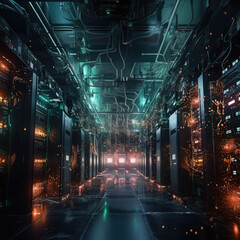 Artificial intelligence server room with glowing nodes and connections that illustrate the complex neural networks - generative ai