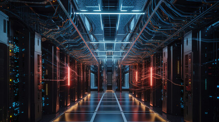 Artificial intelligence server room with glowing nodes and connections that illustrate the complex neural networks - generative ai