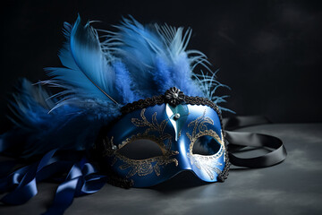 a blue mask with feathers and a bow on it