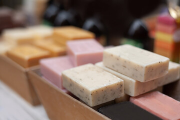 Beautiful fragrant and skin-friendly handmade soap on the table