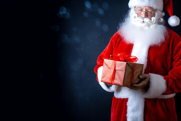 a man dressed as santa claus holding a gift box