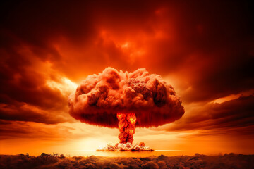 a nuclear explosion with a red sky in the background