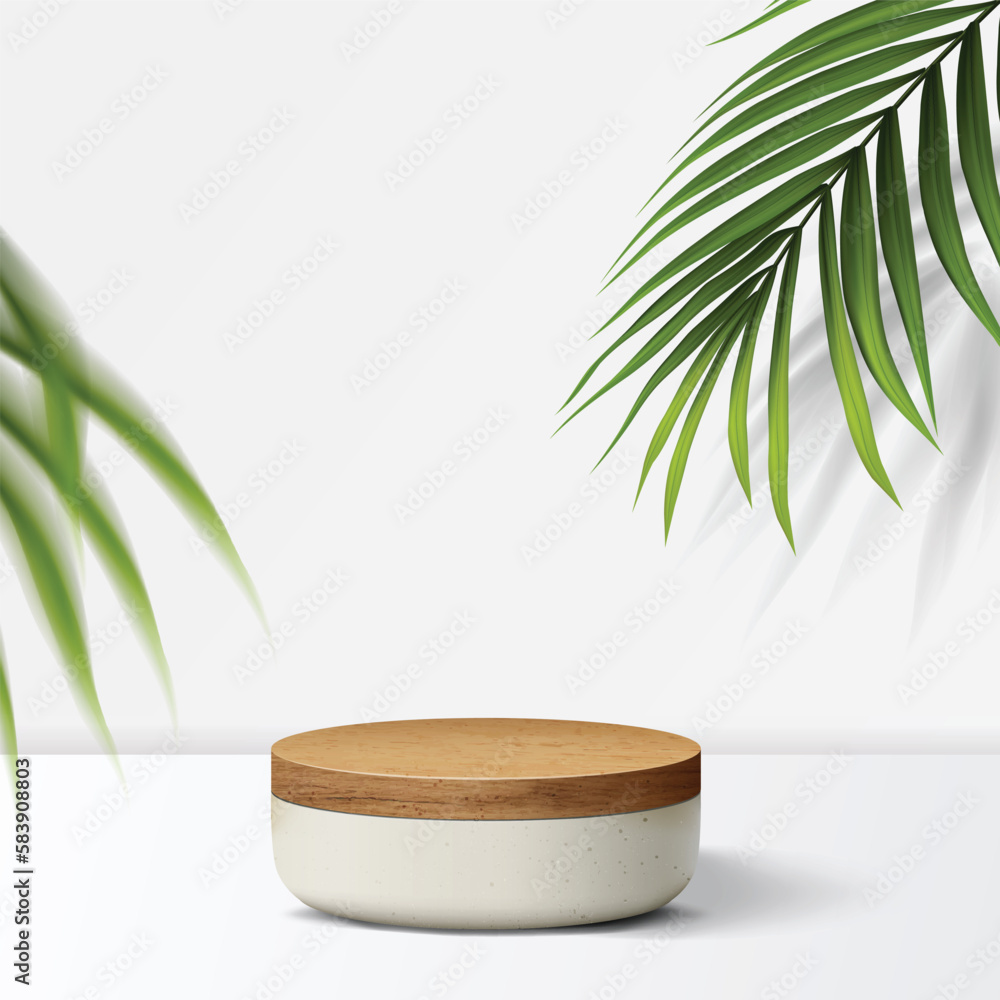 Wall mural geometric shapes in an abstract minimal scene. wooden product display podium on white background wit