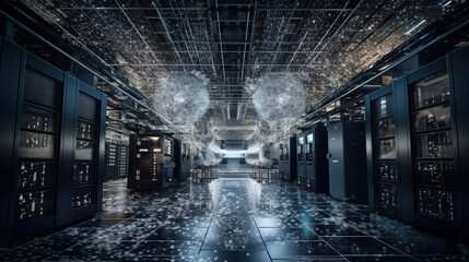 Artificial intelligence server room with glowing nodes and connections that illustrate the complex neural networks - generative ai