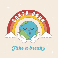 Groovy retro illustration of planet Earth in your hands with a rainbow and with the inscription Hour of earth take a break.