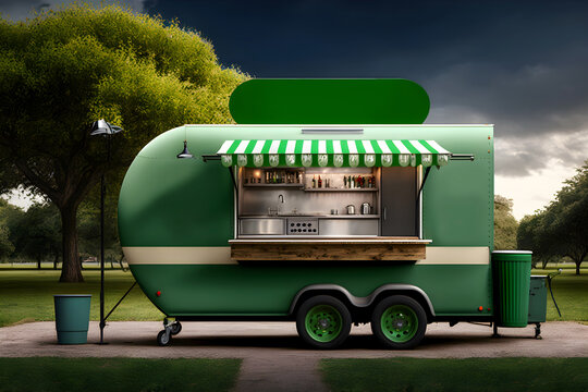 illustration. A green street food truck by the ocean. Street food in the park, city