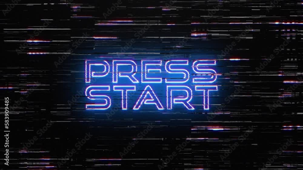 Poster animation text of press start glitch blue neon text effect with silver flash flickering light loop c