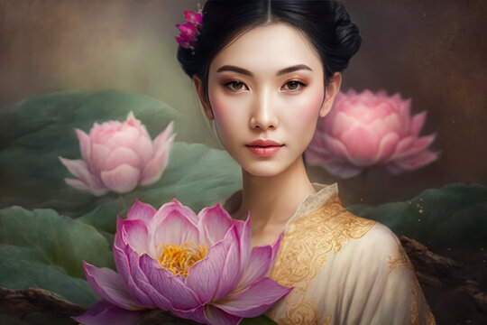 Chinese girl with a lotus flower in her hands. Beautiful Asian girl and pink lotuses, blurred background. Chinese woman in traditional clothes  a sacred lotus flower. Generative ai