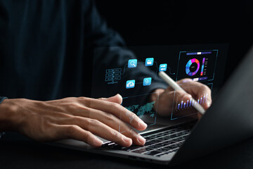 Business planning and strategy concept. Businessman analyzing sales data and financial charts. Profit analysis and sales increase planning.