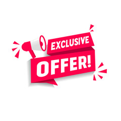 Exclusive offer banner template - megaphone icon design. Flat style vector illustration on white background.